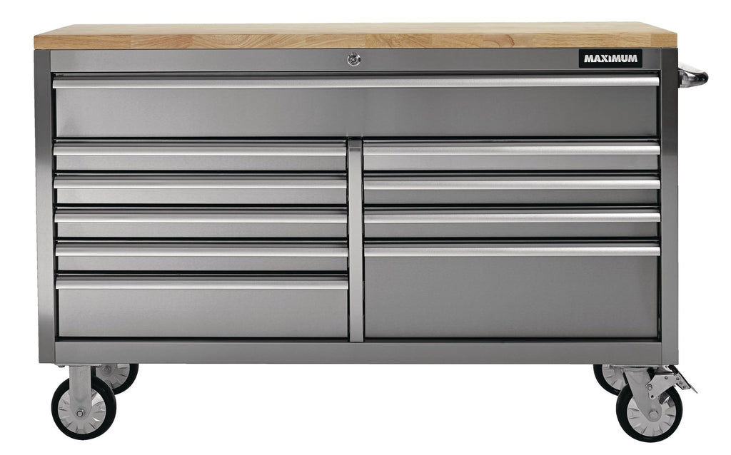 MAXIMUM Butcher Block Top Rolling Tool Storage Cabinet with 10 Drawers, Stainless Steel, 56-in