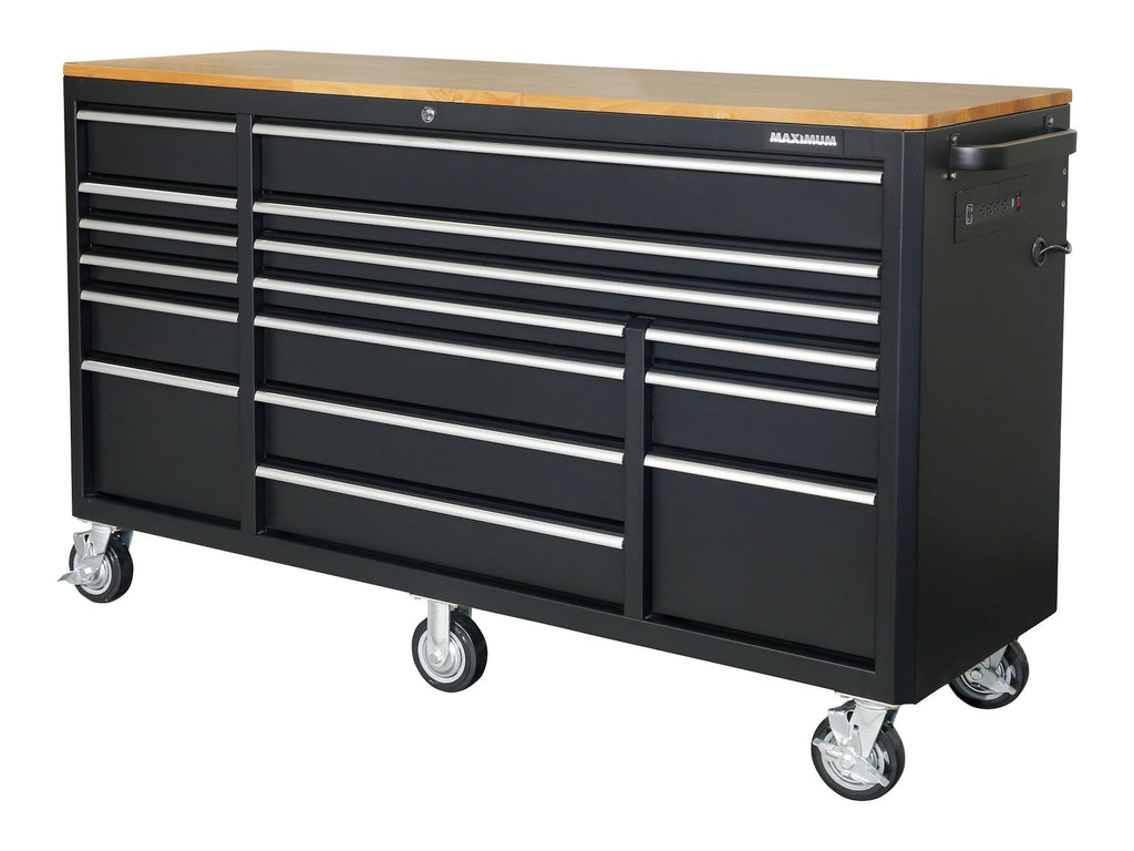 MAXIMUM Tool Cabinet with Wood Top and 4-Outlet Power Strip, Black, 74x24-in