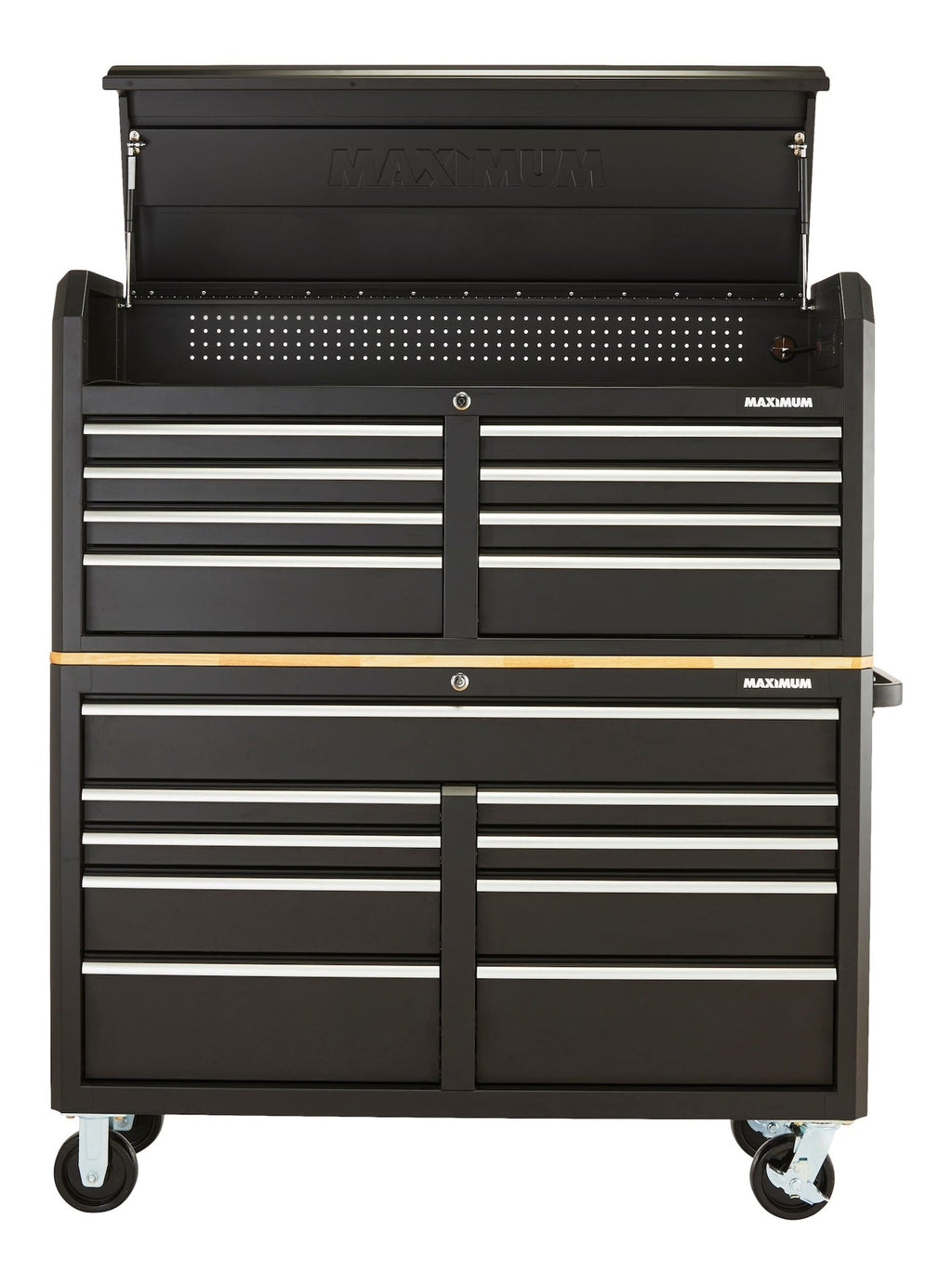 MAXIMUM Tool Storage Cabinet, Built-In Power Bar with USB, 9-Drawer, 56-in, Matte Black