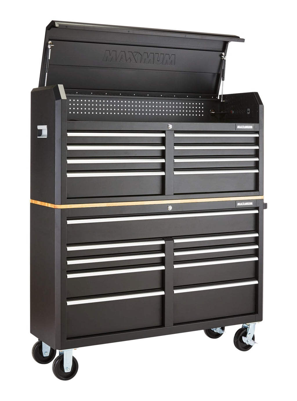 MAXIMUM Tool Storage Cabinet, Built-In Power Bar with USB, 9-Drawer, 56-in, Matte Black