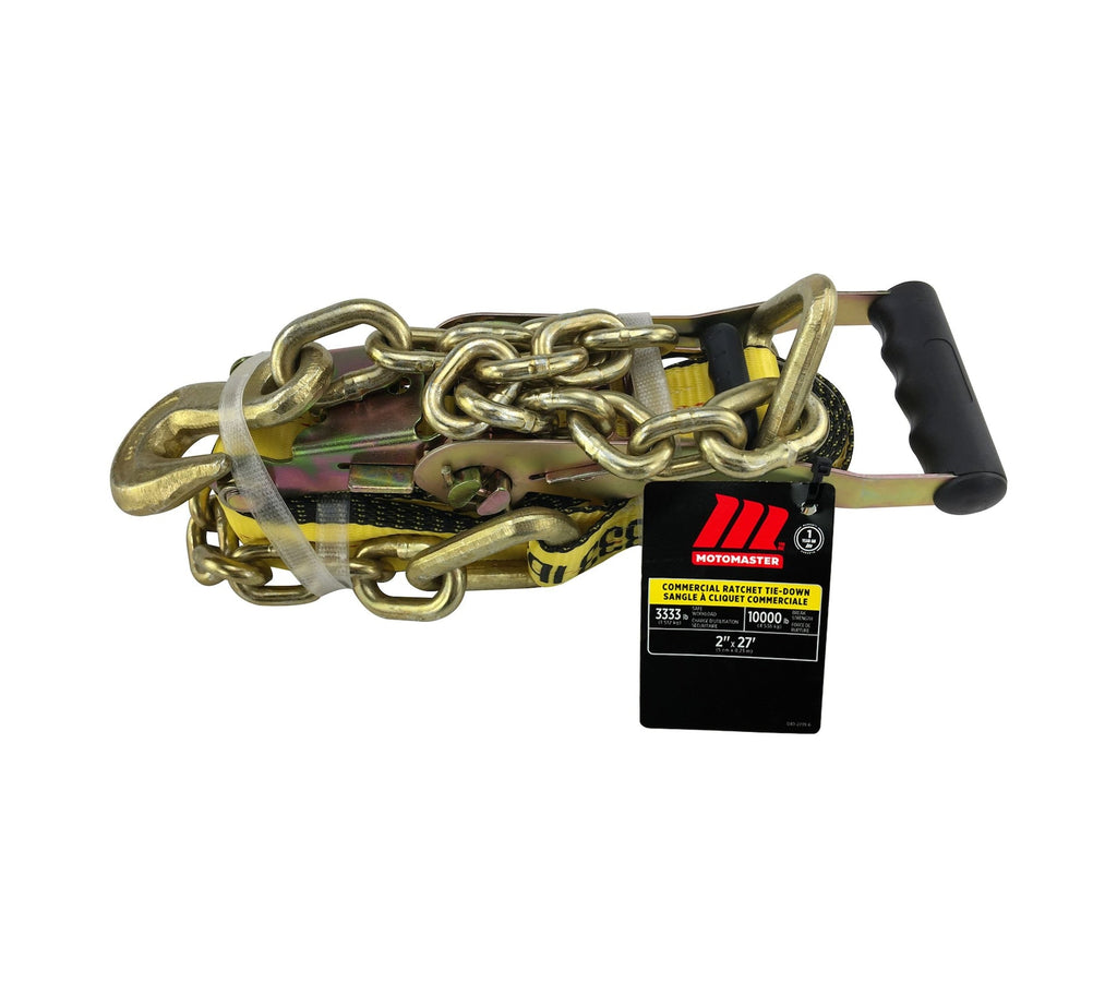 MotoMaster 10,000-lb Commercial Ratchet Tie Down Strap, with 18-in Chain, 2-in x 27-ft