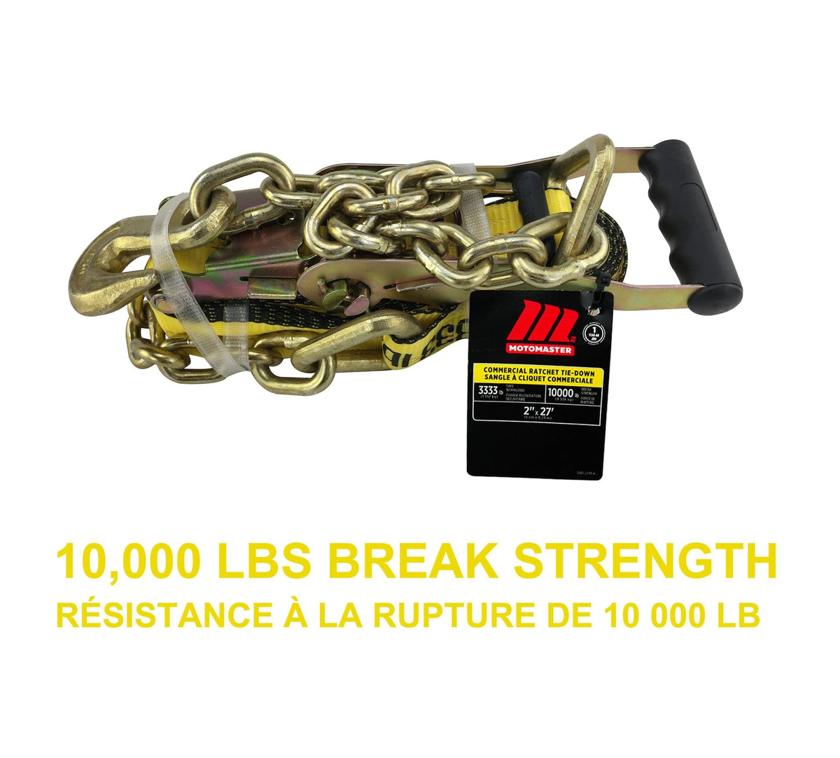 MotoMaster 10,000-lb Commercial Ratchet Tie Down Strap, with 18-in Chain, 2-in x 27-ft