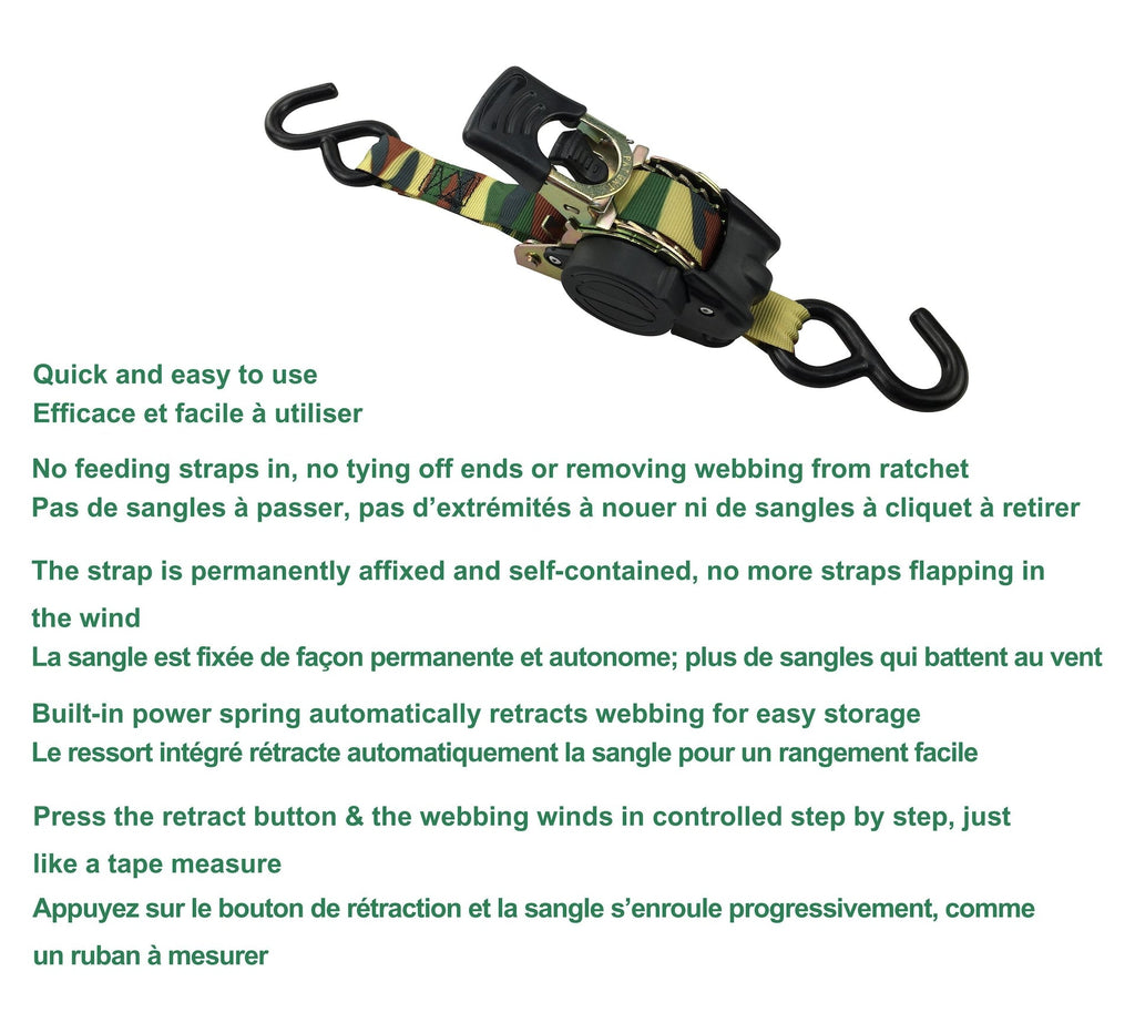 MotoMaster 1,200-lb Retractable Camo Ratchet Tie Down Straps, 1-in x 10-ft, 2-pk