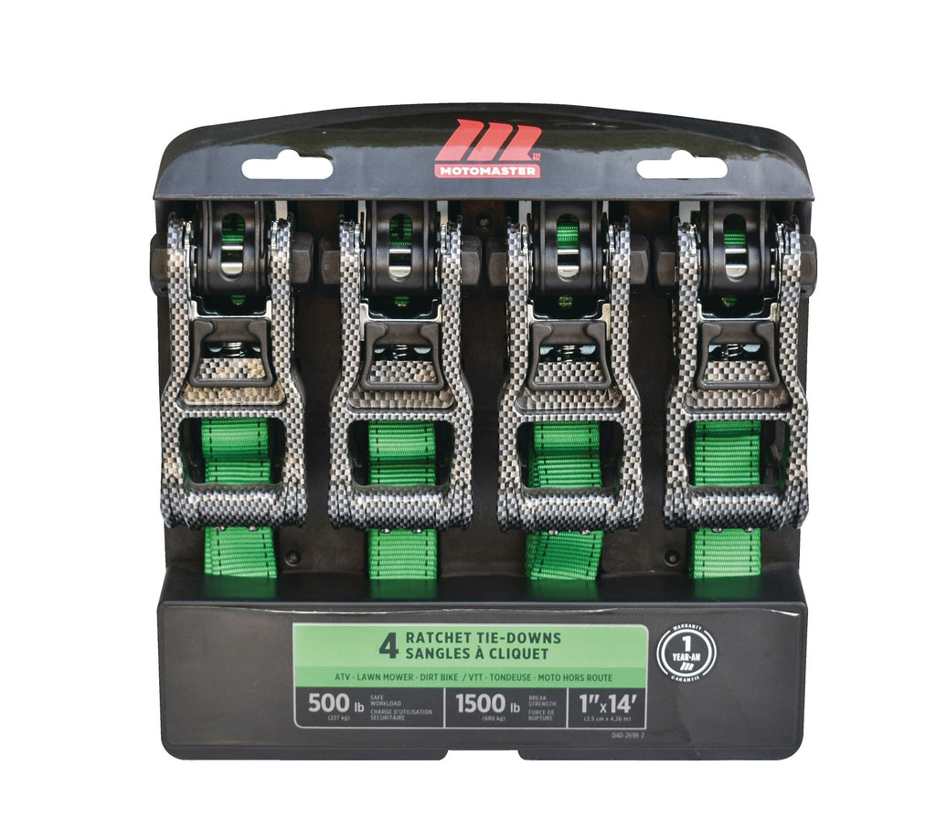 MotoMaster 1,500-lb Carbon Ratchet Tie Downs, Weatherproof, 1-in x 14-ft, 4-pk, Green