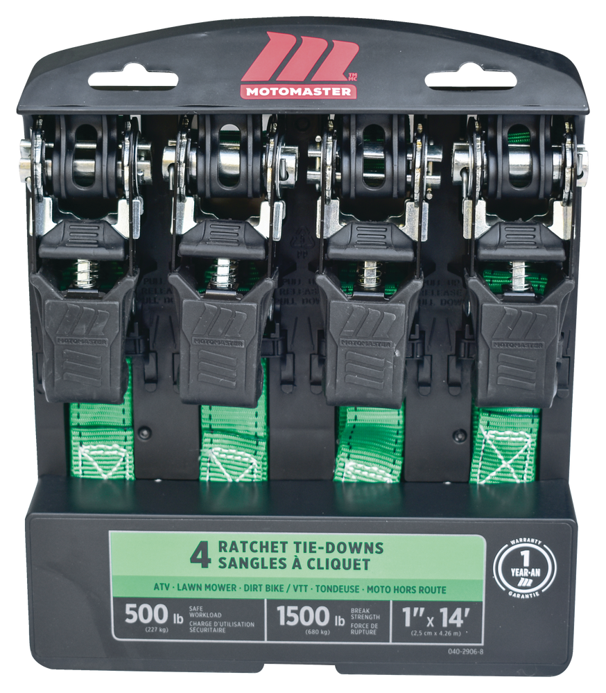 MotoMaster 1,500-lb Padded Ratchet Tie Down Straps, 1-in x 14-ft, 4-pk