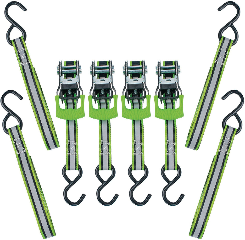 MotoMaster 1,500-lb Reflective Ratchet Tie Down Strap, with Padded D-Handle, 1-in x 12-ft, 4-pk, Green