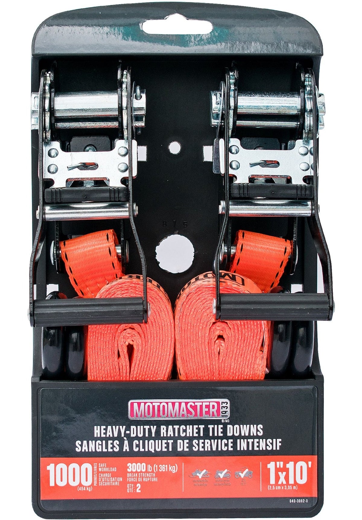 MotoMaster 3,000-lb Heavy Duty Ratchet Tie Down Strap, Non-Padded, 1-in x 10-ft, 2-pk