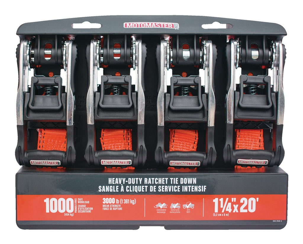MotoMaster 3,000-lb Heavy Duty Ratchet Tie Down Straps, Extra Long, 1.25-in x 20-ft, 4-pk