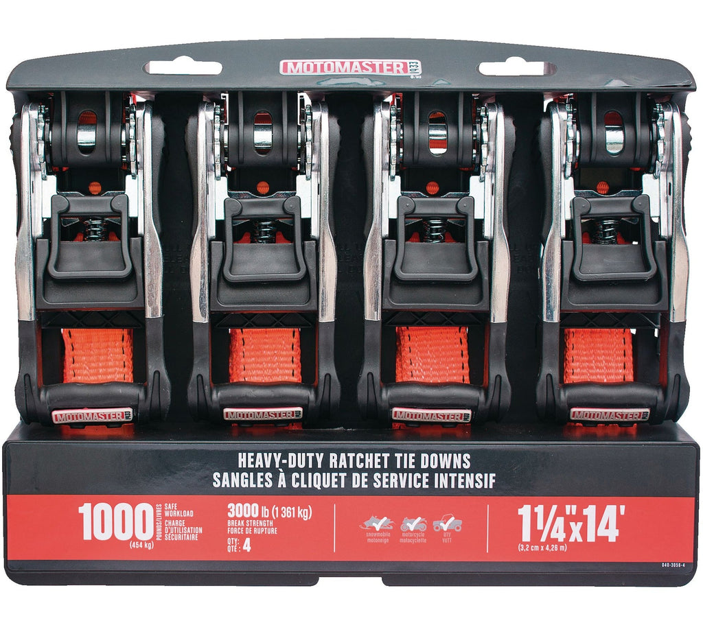 MotoMaster 3,000-lb Heavy Duty Ratchet Tie Down, with Padded D-Handle, 1.25-in x 14-ft, 4-pk
