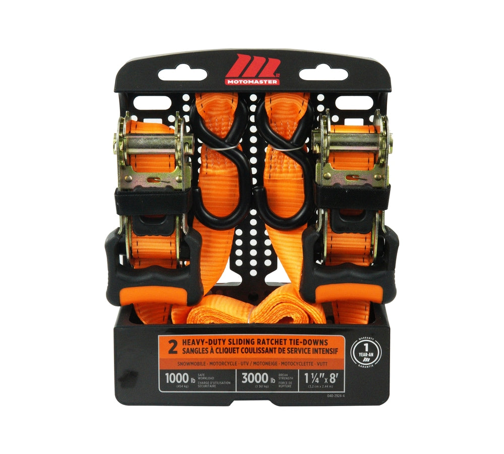 MotoMaster 3,000-lb Heavy-Duty Sliding Ratchet Tie Down Straps, 1.25-in x 8-ft, 2-pk