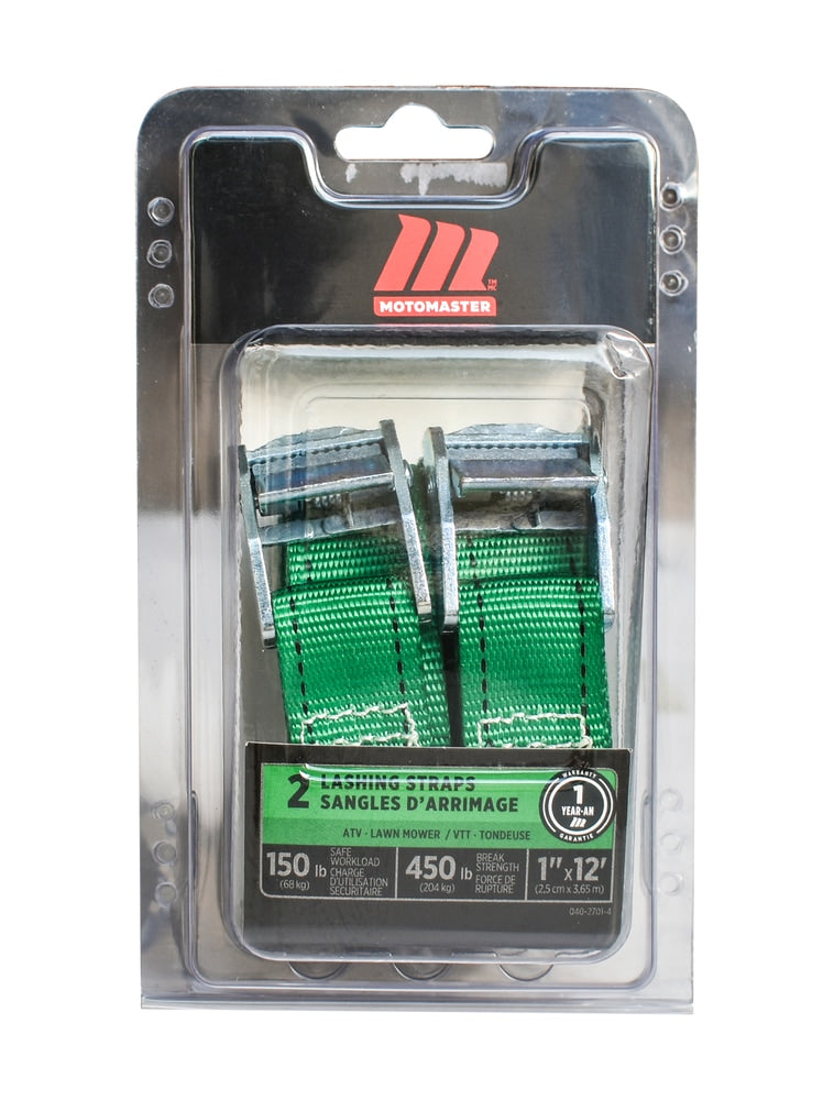 MotoMaster 450-lb Light Duty Lashing Straps with Cam Buckle Clasps, Weatherproof, 1-in x 12-ft, 2-pk