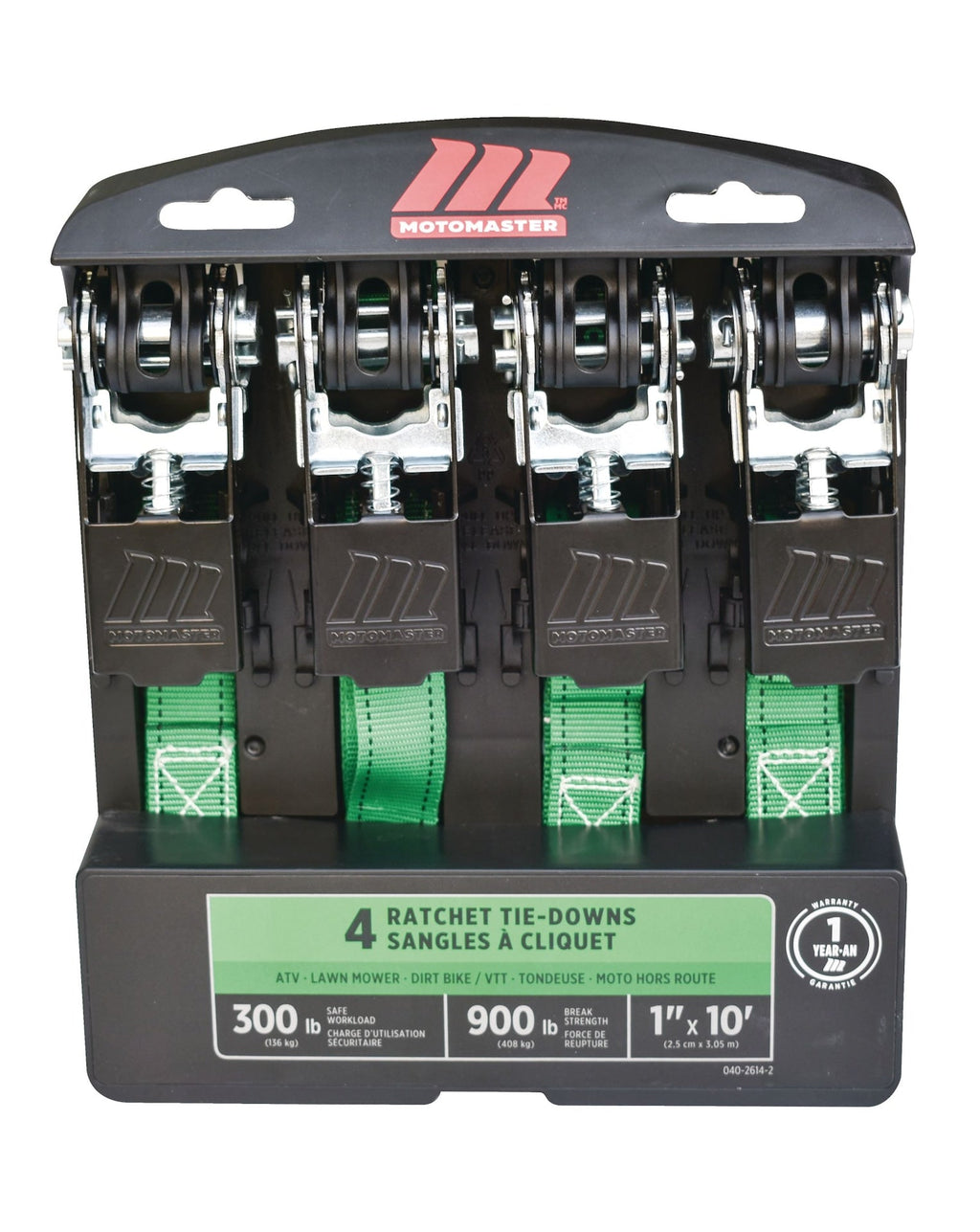MotoMaster 900-lb Ratchet Tie-Down Straps, Non-Padded, 1-in x 10-ft, 4-pk