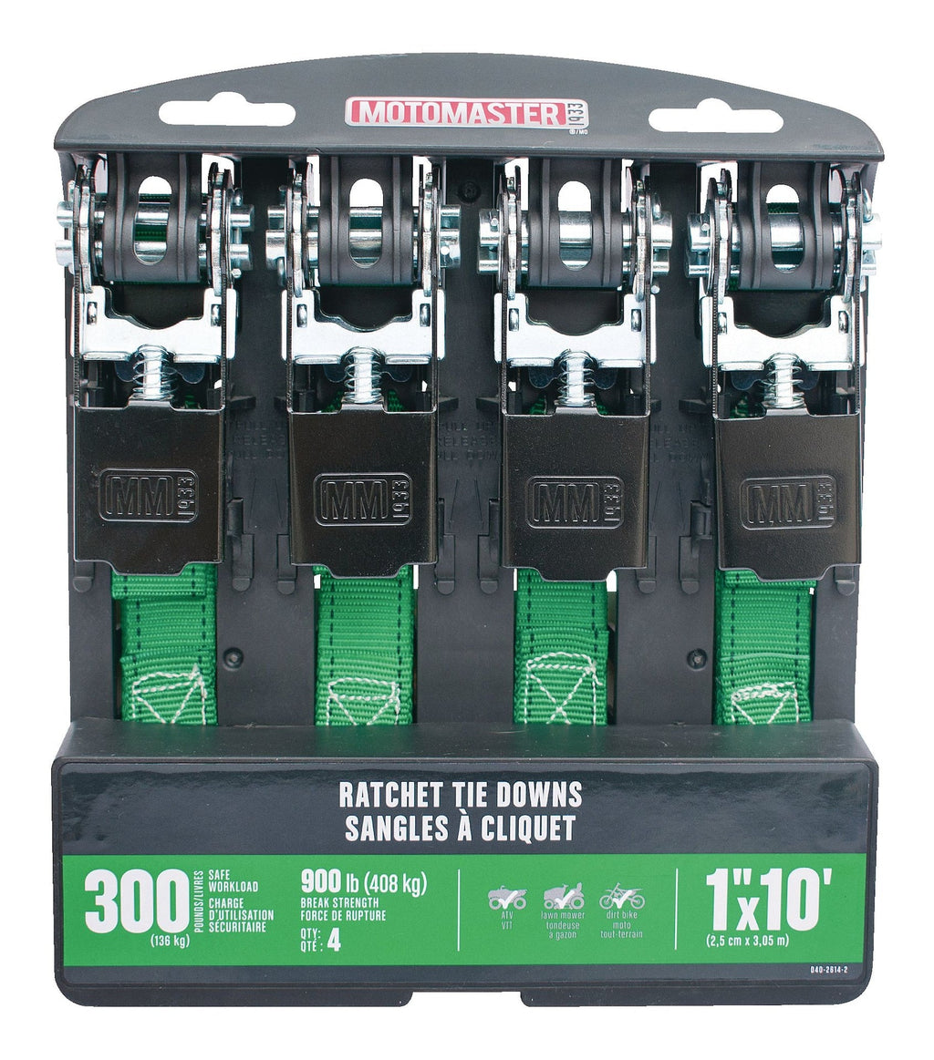 MotoMaster 900-lb Ratchet Tie-Down Straps, Non-Padded, 1-in x 10-ft, 4-pk