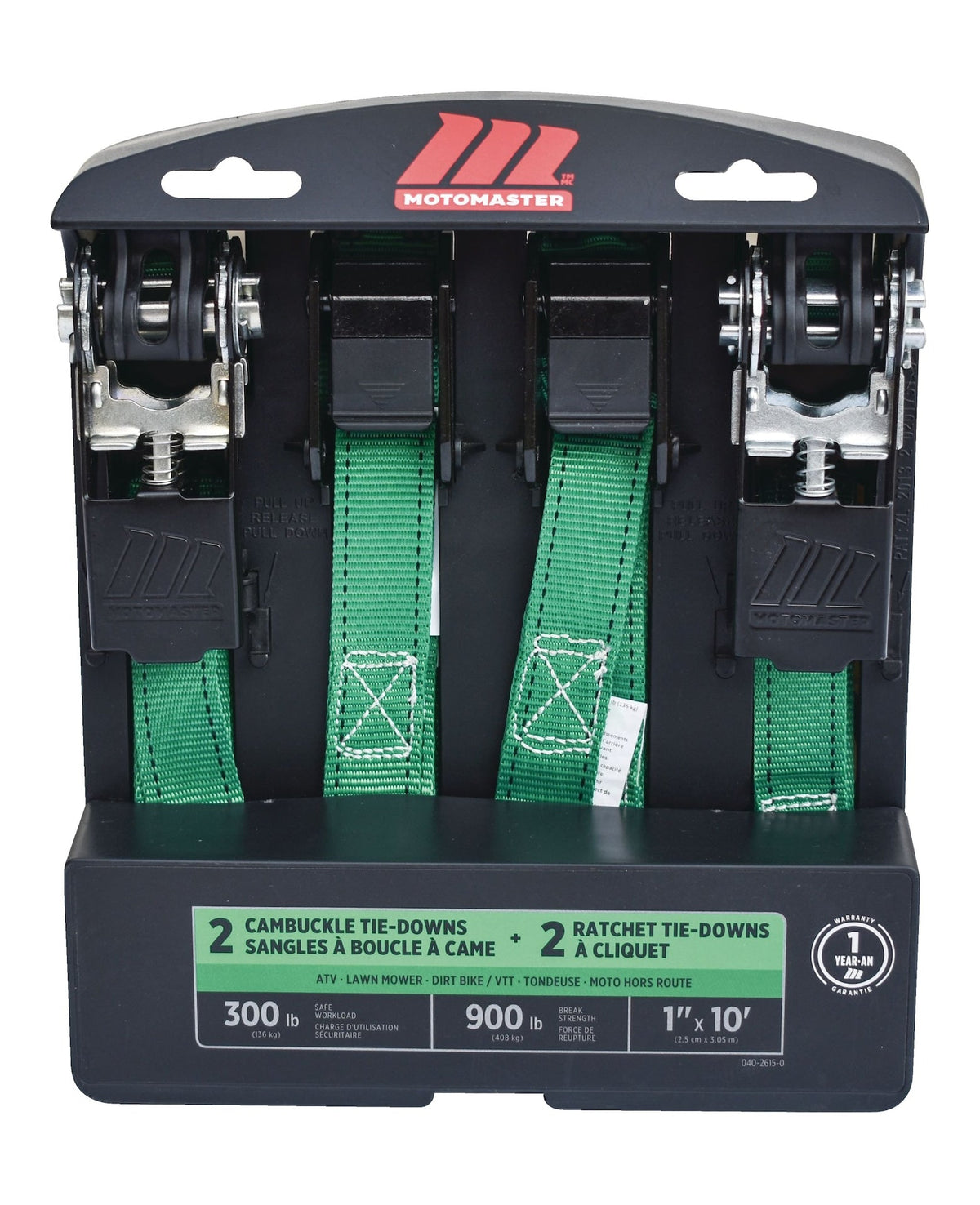 MotoMaster 900-lb Ratchet/Cambuckle Tie-Down Straps, Non-Padded, 1-in x 10-ft, 4-pk