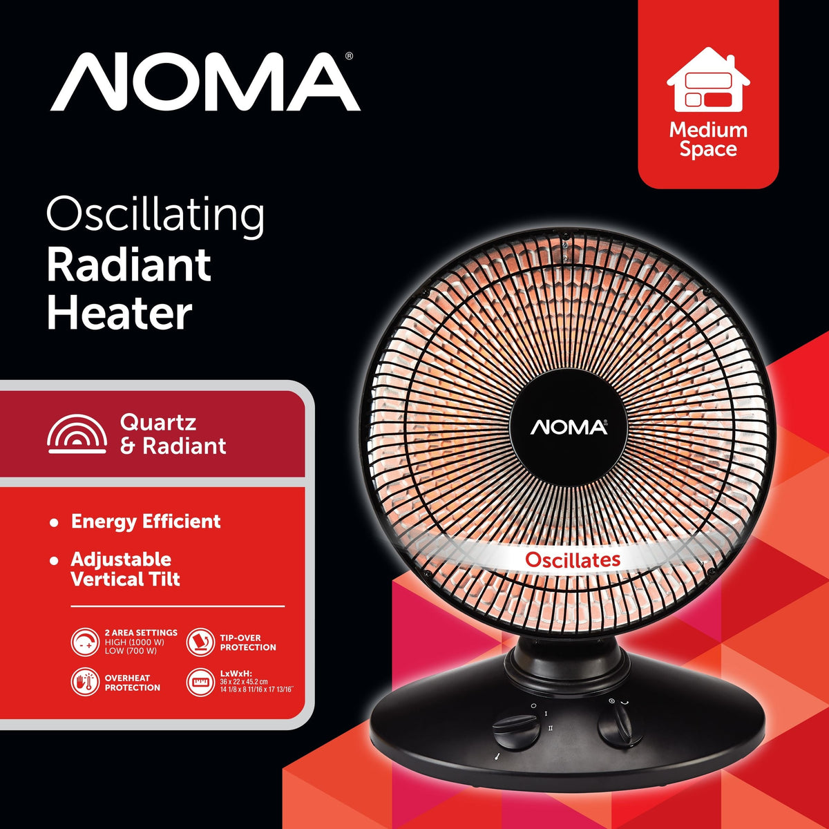 NOMA Oscillating Parabolic Dish Portable Radiant Electric Space Heater, 1000W, Black