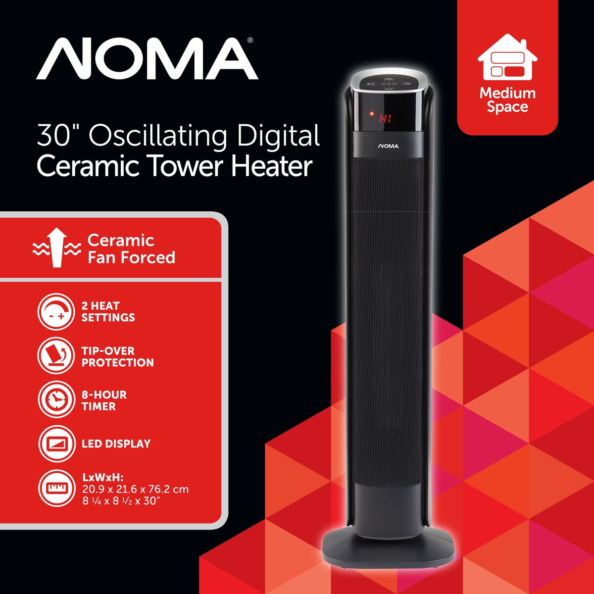 NOMA Oscillating Tower Ceramic Heater withRemote Control & Thermostat, 1500W, Black, 30-in