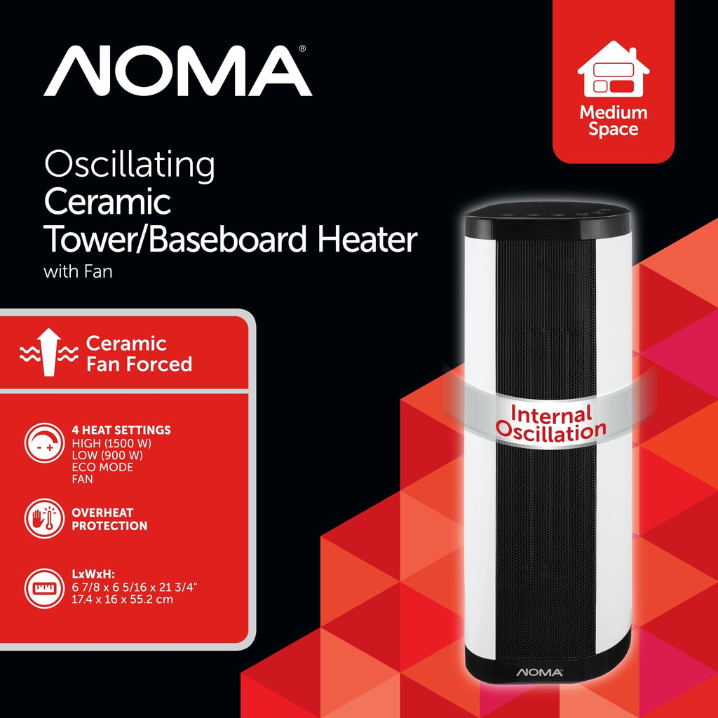 NOMA Oscillating Tower/Baseboard Heater withRemote Control & Thermostat, 1500W, White