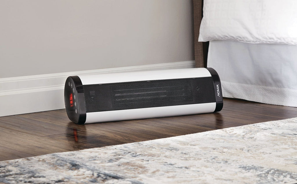 NOMA Oscillating Tower/Baseboard Heater withRemote Control & Thermostat, 1500W, White
