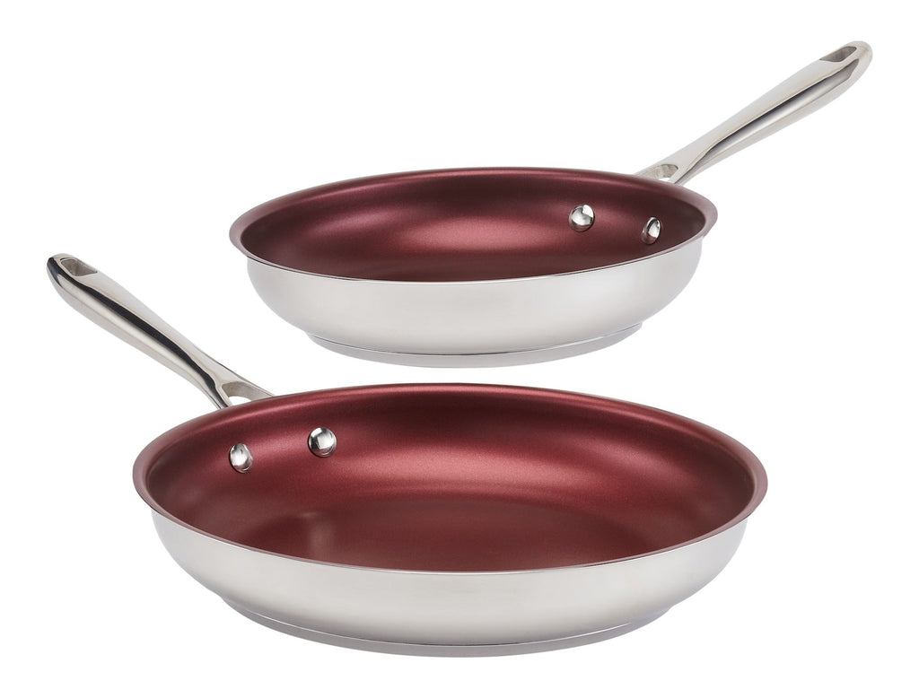 PADERNO Canadian Signature Stainless Steel Non-Stick Frying Pan, Dishwasher & Oven Safe, Burgundy, 24cm & 28cm, 2-pk