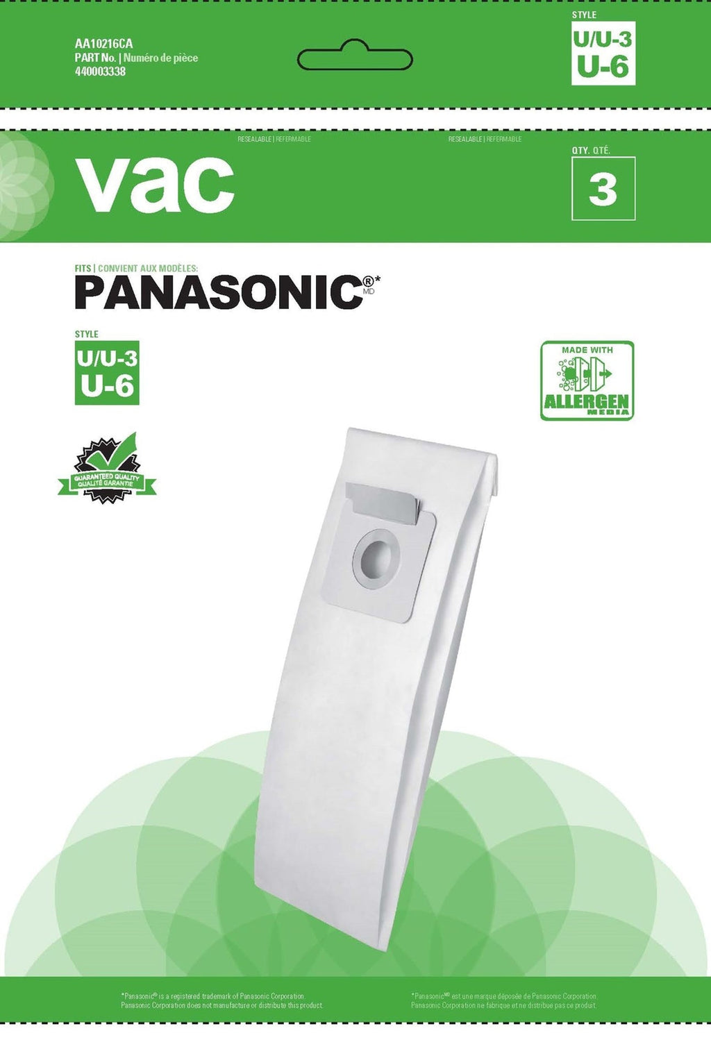 Panasonic U/U3 Replacement Allergen Vacuum Cleaner Bags, 3-pk