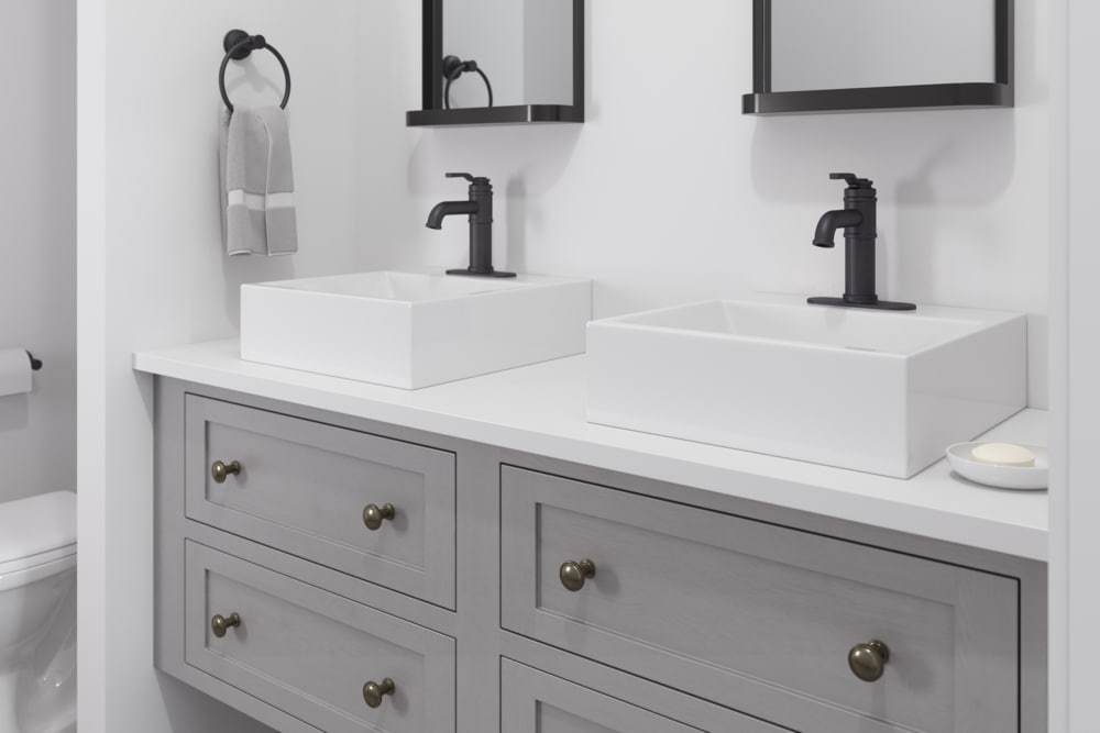 Pfister Breckenridge Single Handle High Arc Bathroom Sink Faucet, Push & Seal Drain, WaterSense Certified, Black