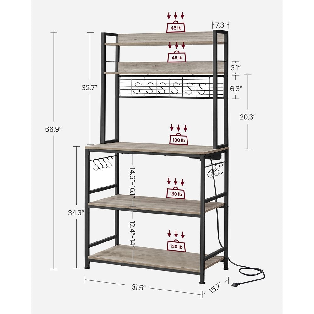 Songmics Home 5-Shelf Grey Baker's Rack with 4 AC Outlets