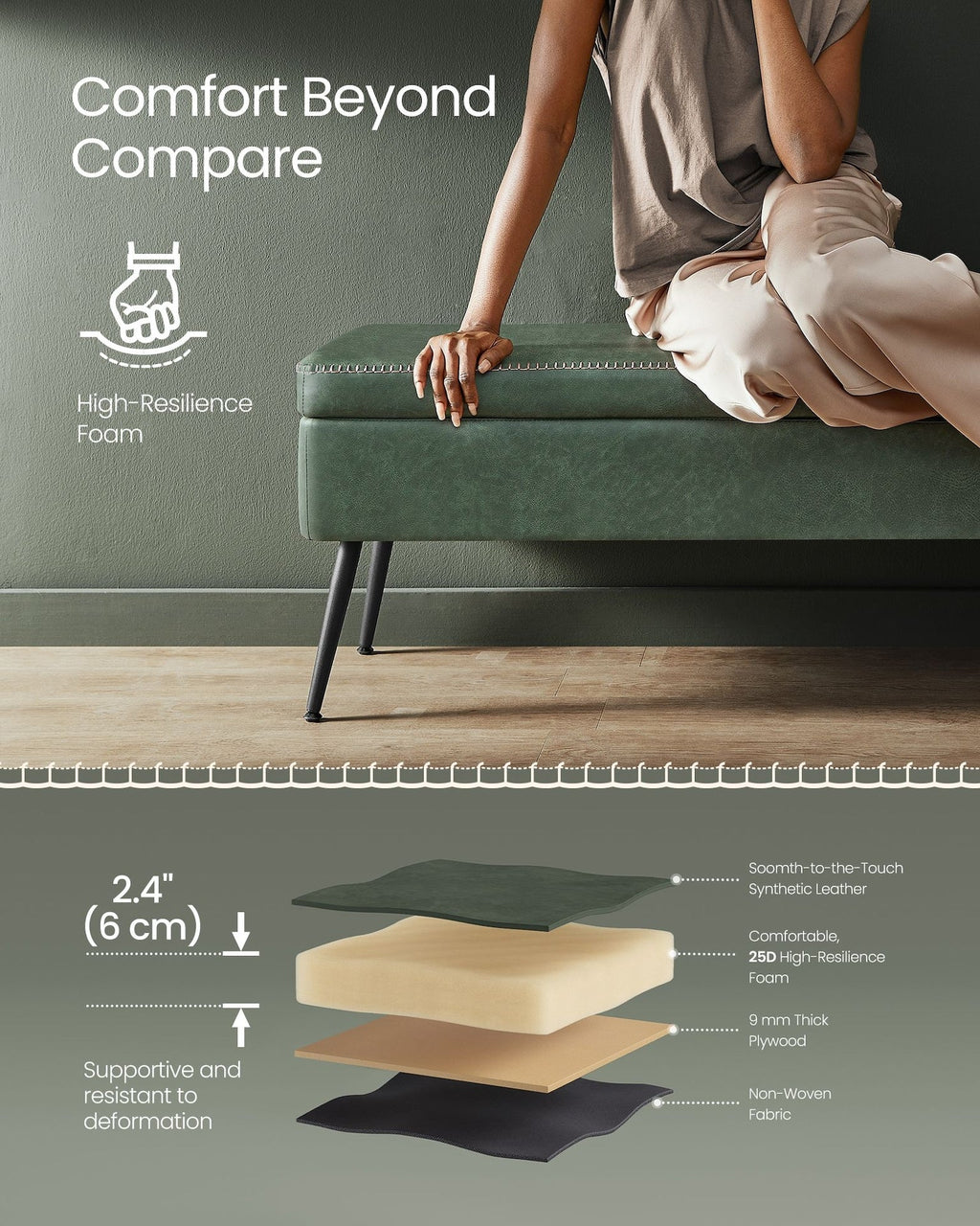Songmics Home Modern Forest Green Ottoman Storage Bench