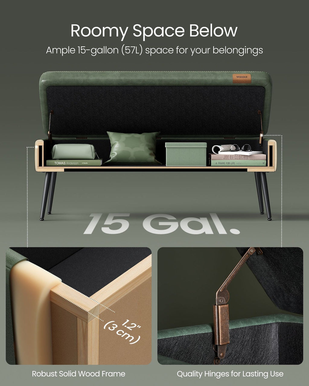 Songmics Home Modern Forest Green Ottoman Storage Bench