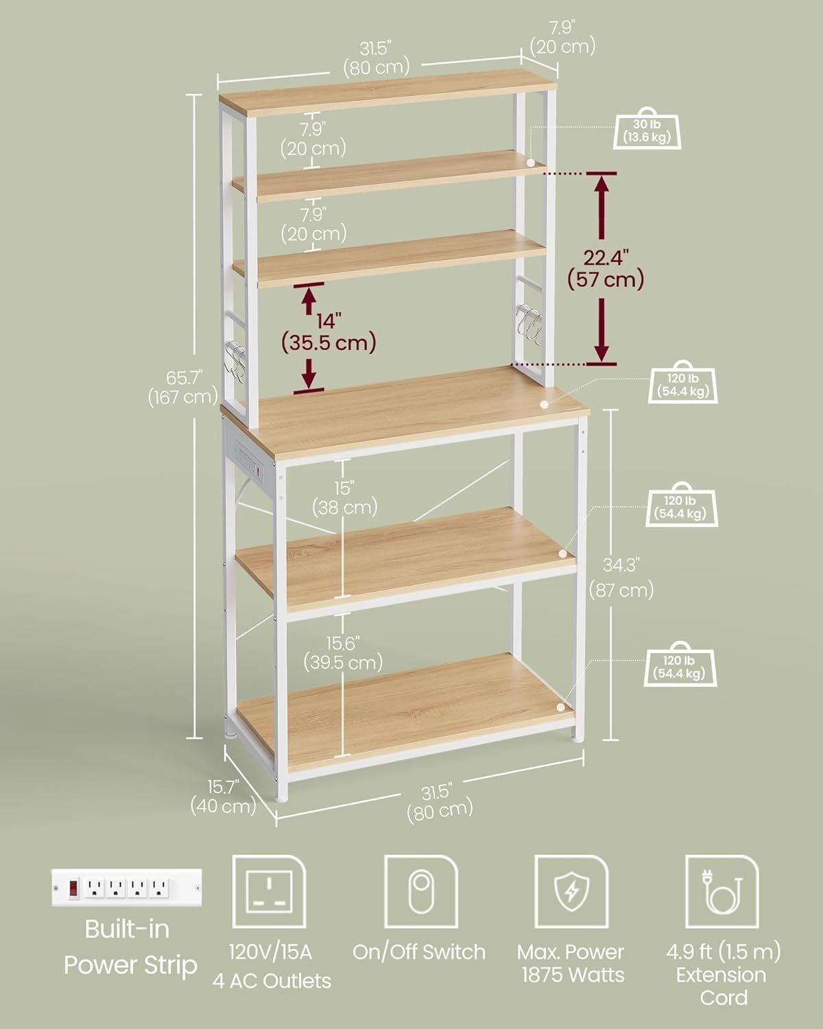 Songmics Home Oak/White Baker's Rack with 4 AC Outlets