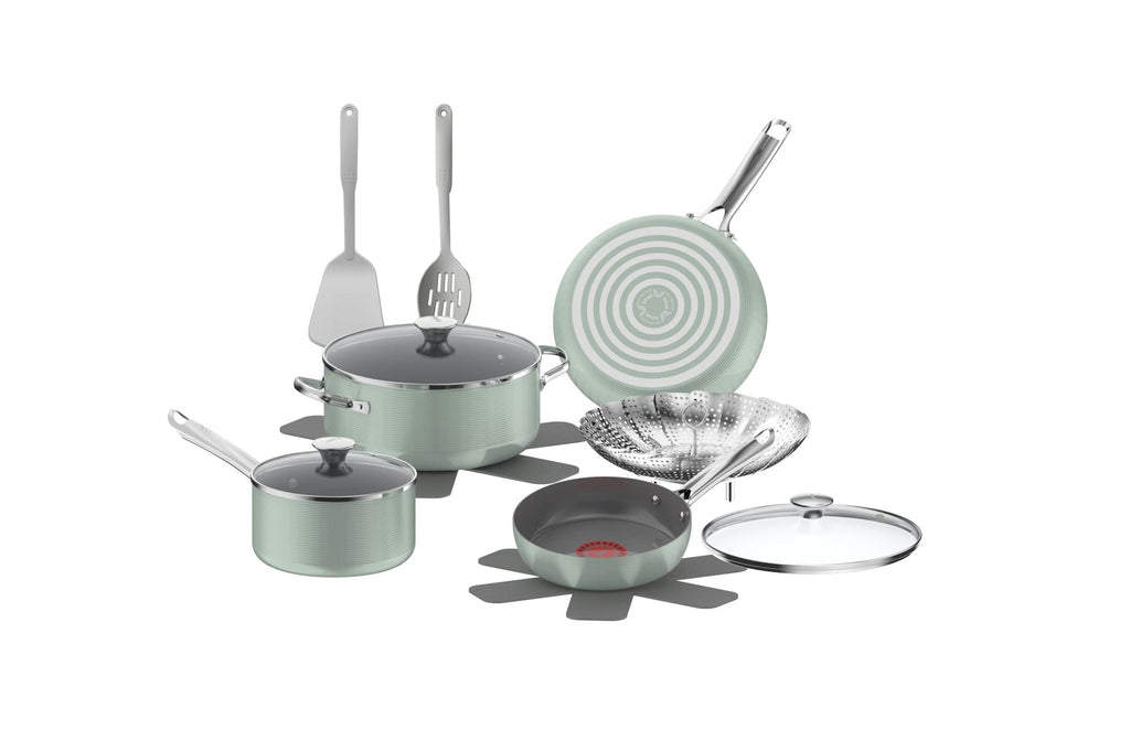 T-Fal Ceramic Inspire Non-Stick Cookware Set, Dishwasher & Oven Safe, Mint, 12-pc