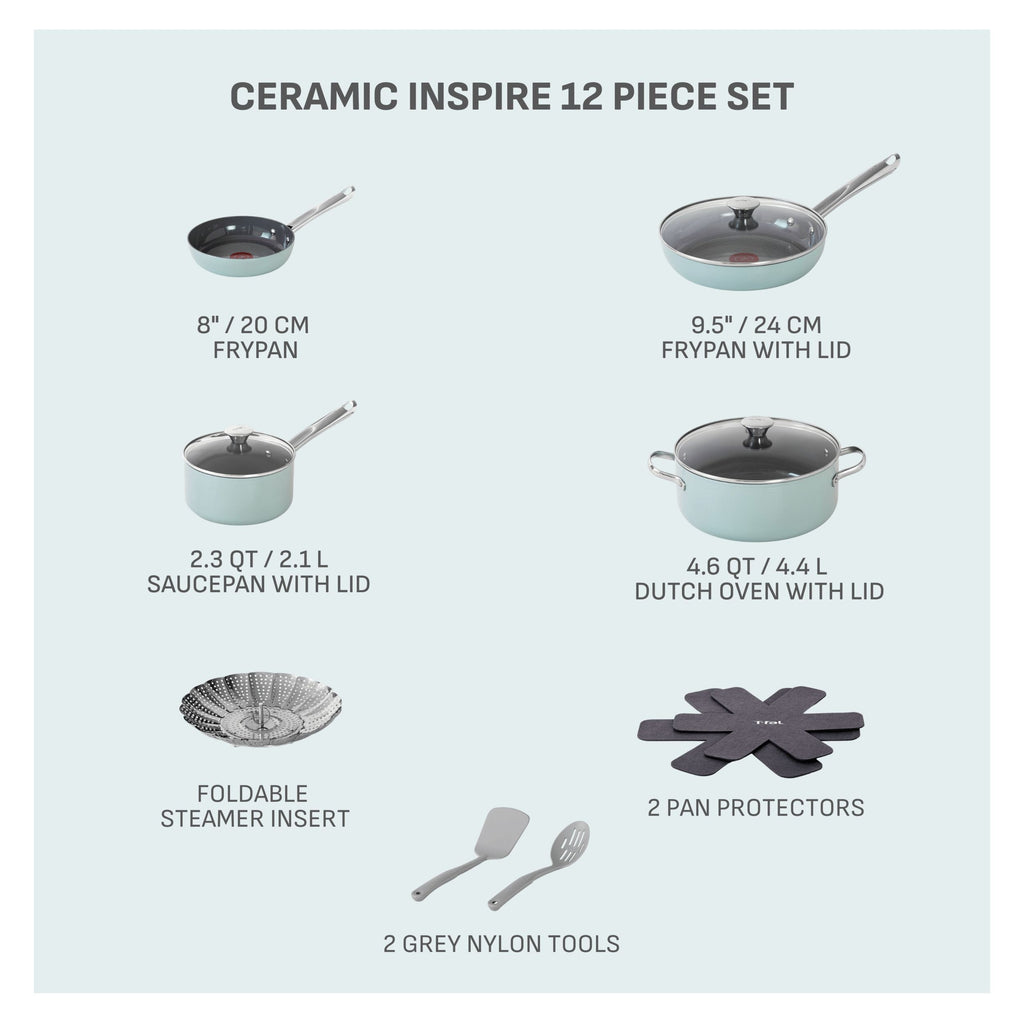 T-Fal Ceramic Inspire Non-Stick Cookware Set, Dishwasher & Oven Safe, Mint, 12-pc