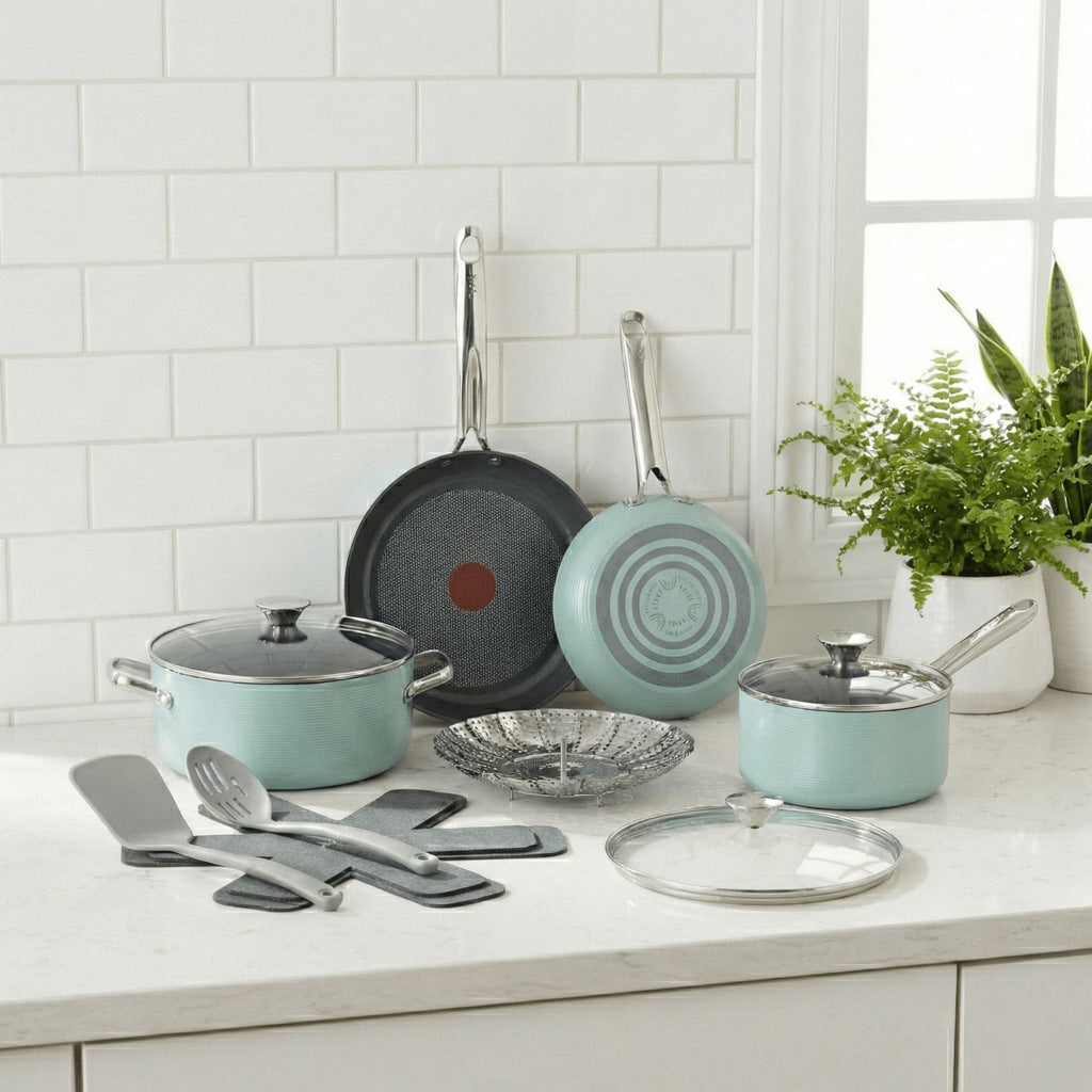 T-Fal Ceramic Inspire Non-Stick Cookware Set, Dishwasher & Oven Safe, Mint, 12-pc