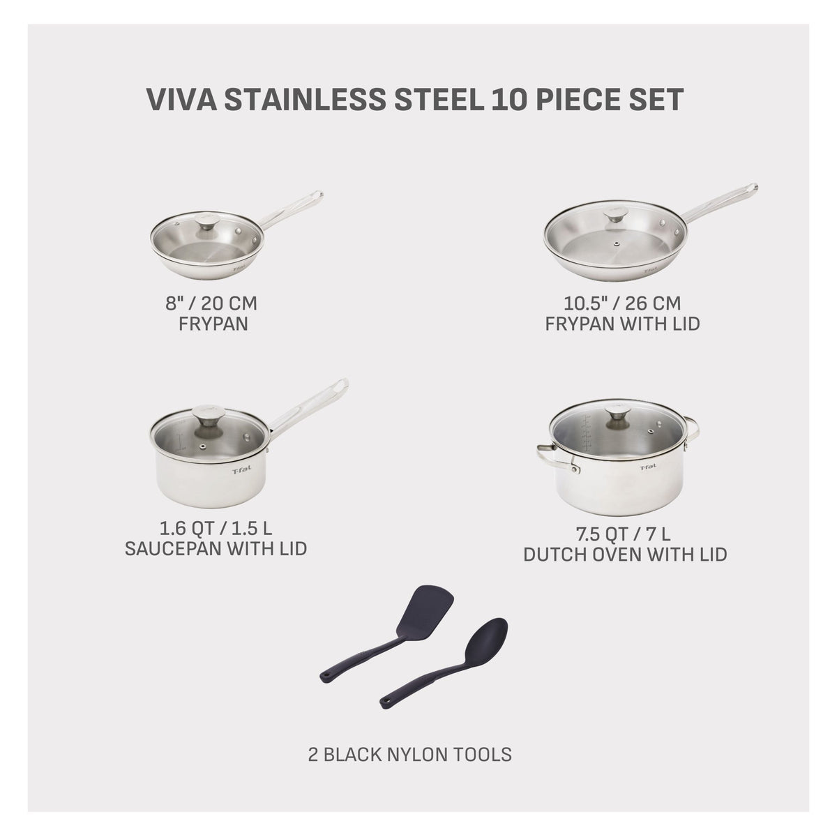 T-Fal Viva Stainless Steel Cookware Set, Dishwasher & Oven Safe, Pots and Pans Set, 10-pc
