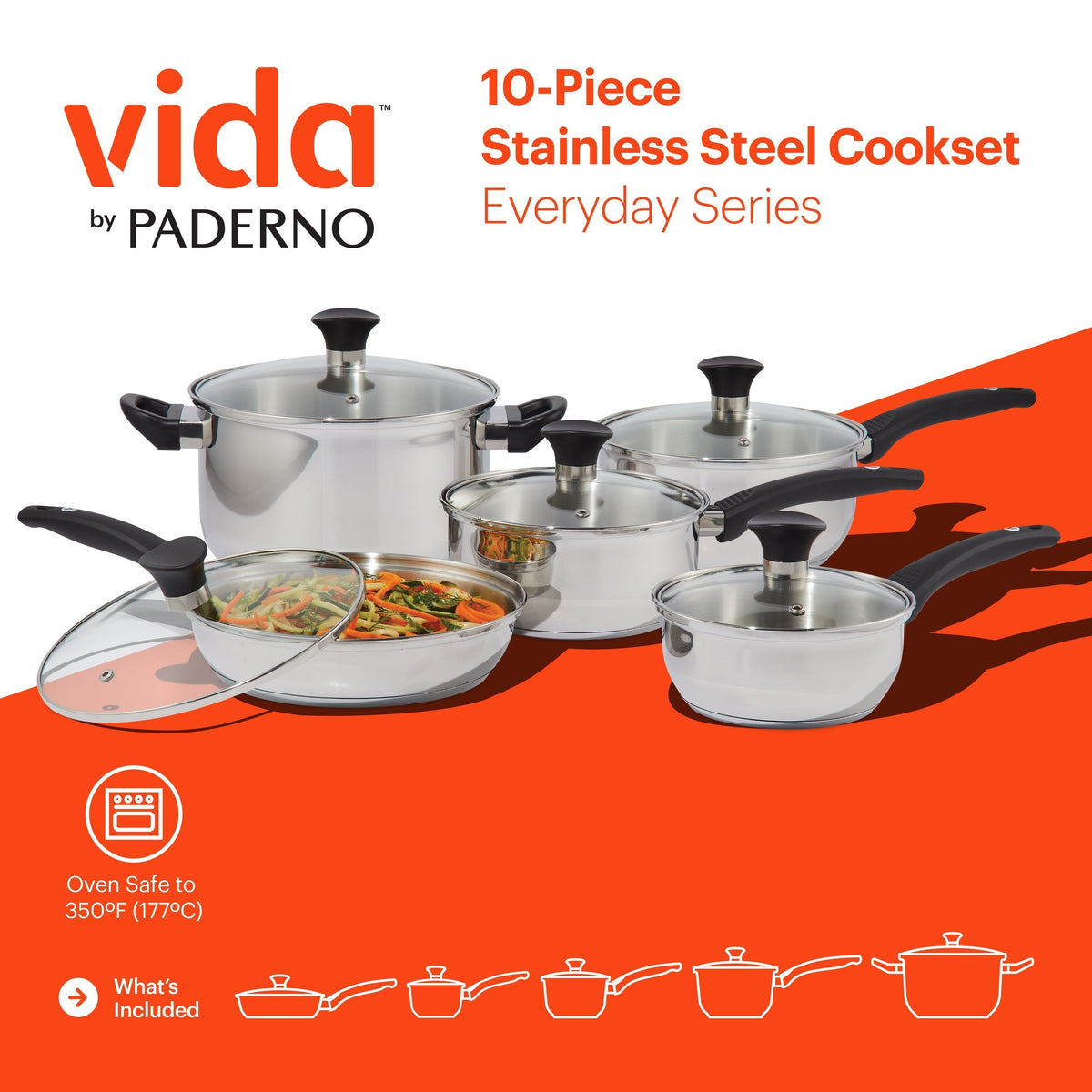 Vida by PADERNO Everyday Series Premium Stainless Steel Cookware Set, Dishwasher & Oven-Safe, 10-pc