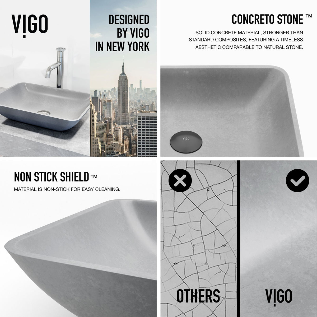 VIGO Duomo Gothic ConcretoStone Grey Bathroom Sink/Basin Set with Cass Faucet and Rectangular Vessel