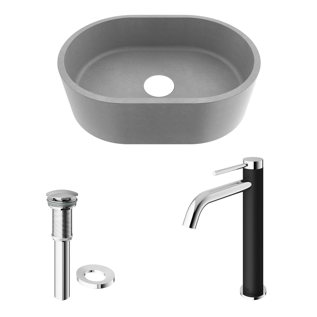 VIGO Giralda Gothic ConcretoStone Grey Bathroom Sink/Basin Set with Lexington Faucet and Oval Composite Vessel