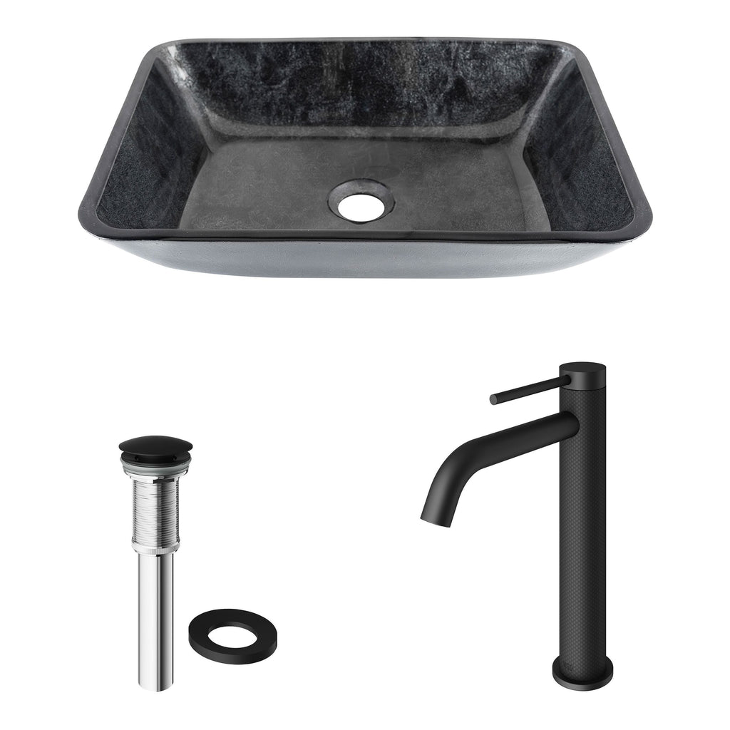 VIGO Glass Grey Onyx Bathroom Sink/Basin Set with Matte Black Lexington Faucet and Rectangular Vessel