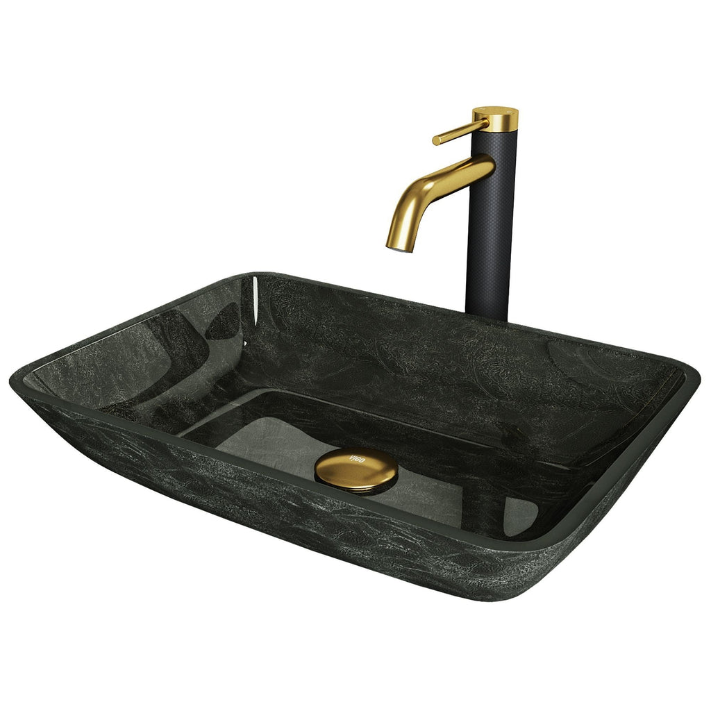 VIGO Glass Grey Onyx Bathroom Sink/Basin Set with Matte Gold Lexington Faucet and Rectangular Vessel