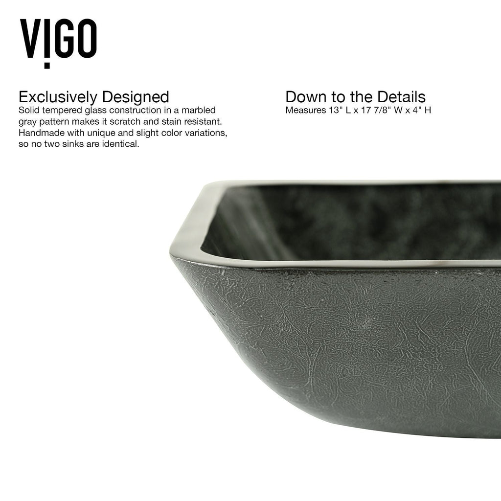 VIGO Glass Grey Onyx Bathroom Sink/Basin Set with Matte Gold Lexington Faucet and Rectangular Vessel
