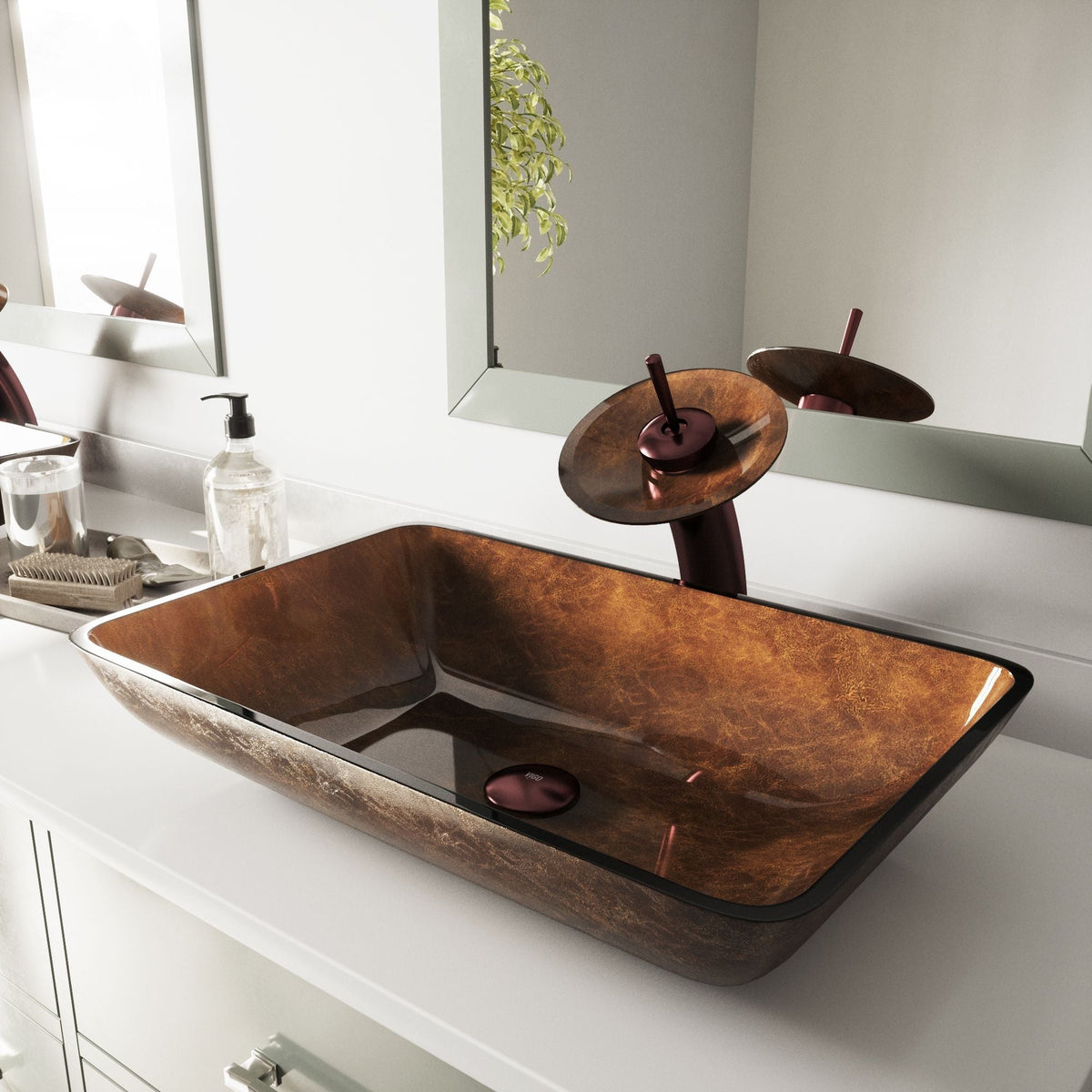 VIGO Glass Rectangular Vessel Bathroom Sink/Basin with Rounded Edges & Deep Bowl, Russet