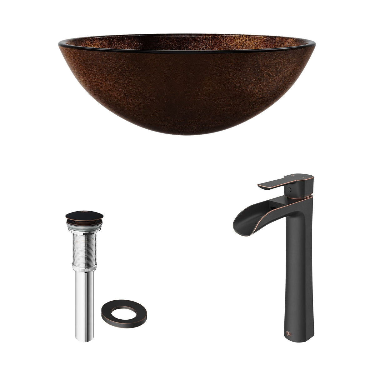 VIGO Glass Russet Brown Bathroom Sink/Basin Set with Niko Faucet and Round Vessel