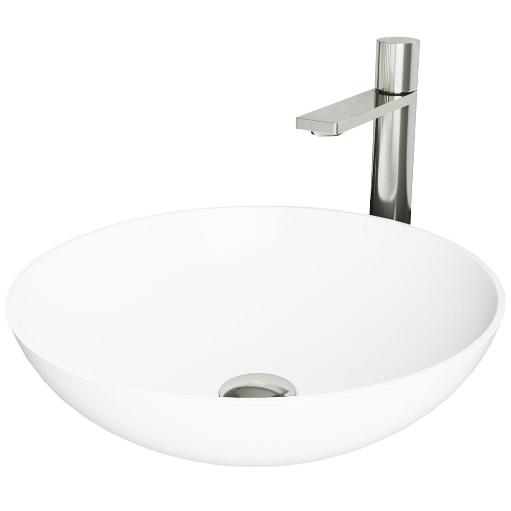 VIGO Lotus MatteStone White Bathroom Sink/Basin Set with Gotham Faucet and Round Composite Vessel