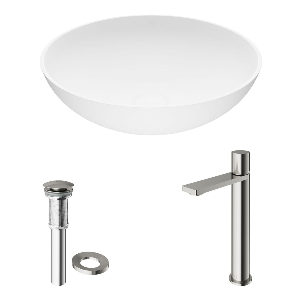 VIGO Lotus MatteStone White Bathroom Sink/Basin Set with Gotham Faucet and Round Composite Vessel