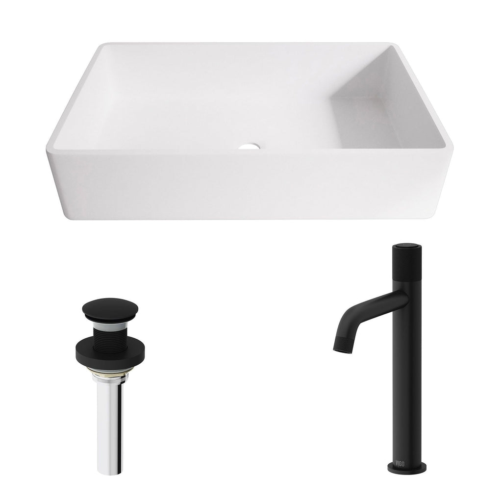 VIGO Magnolia MatteStone White Bathroom Sink/Basin Set with Apollo Faucet and Rectangular Composite Vessel