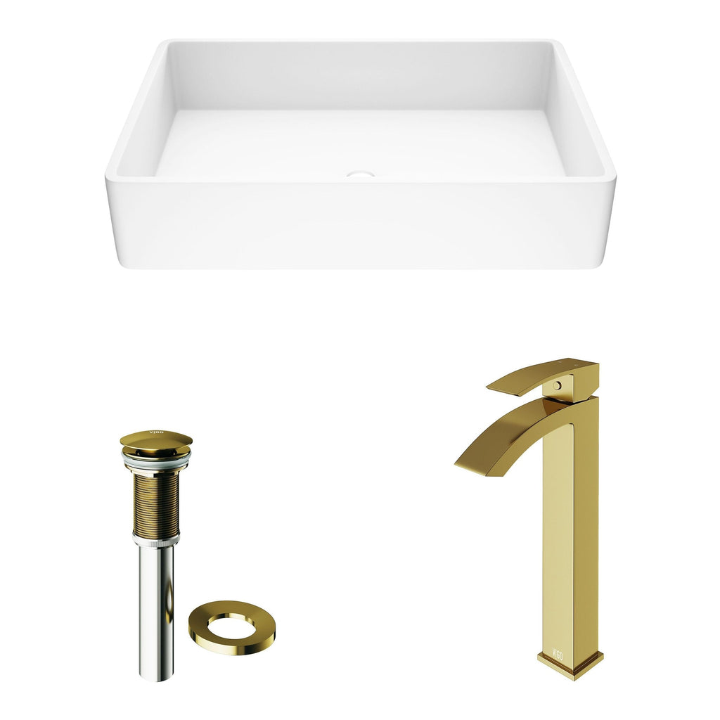 VIGO Magnolia MatteStone White Bathroom Sink/Basin Set with Matte Gold Duris Faucet and Rectangular Composite Vessel