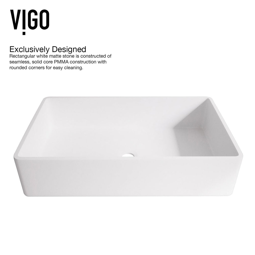 VIGO Magnolia MatteStone White Bathroom Sink/Basin Set with Matte Gold Duris Faucet and Rectangular Composite Vessel