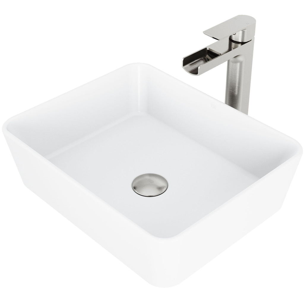 VIGO Marigold MatteStone Matte White Bathroom Sink/Basin Set with Amada Faucet and Rectangular Composite Vessel