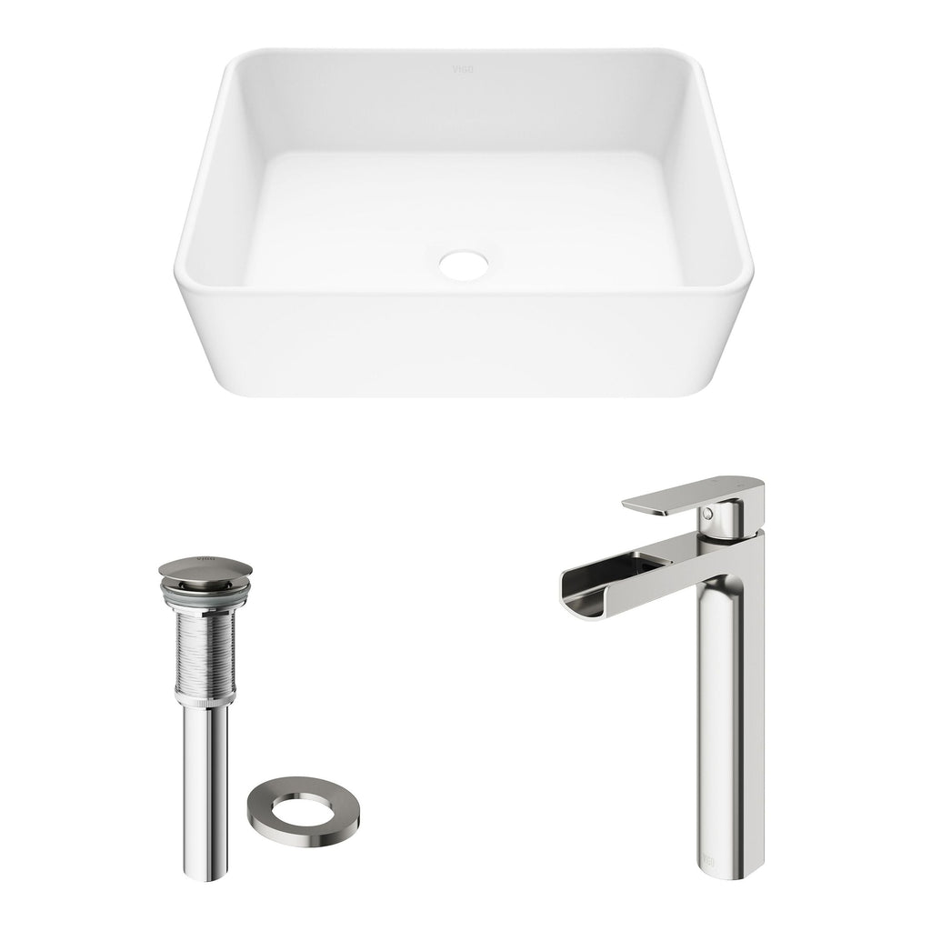 VIGO Marigold MatteStone Matte White Bathroom Sink/Basin Set with Amada Faucet and Rectangular Composite Vessel