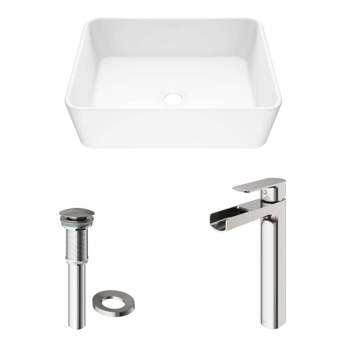 VIGO Marigold MatteStone Matte White Bathroom Sink/Basin Set with Amada Faucet and Rectangular Composite Vessel