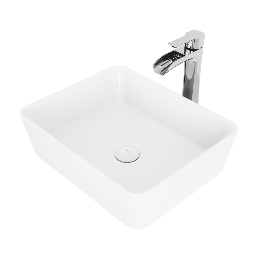 VIGO Marigold MatteStone Matte White Bathroom Sink/Basin Set with Niko Faucet and Rectangular Composite Vessel